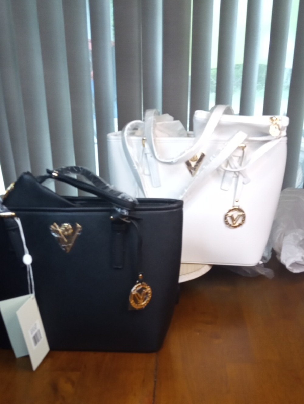 Valentino Orlandi Black and White Tote Bags with Gold Accents